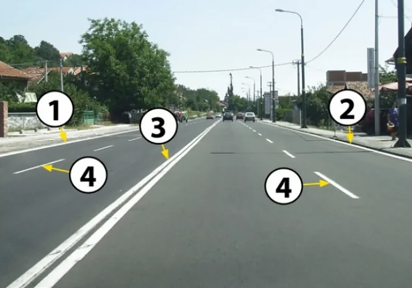 U situaciji prikazanoj na slici razdelna linija koja označava zabranu prelaženja preko te linije i zabranu kretanja po toj liniji je označena brojem: