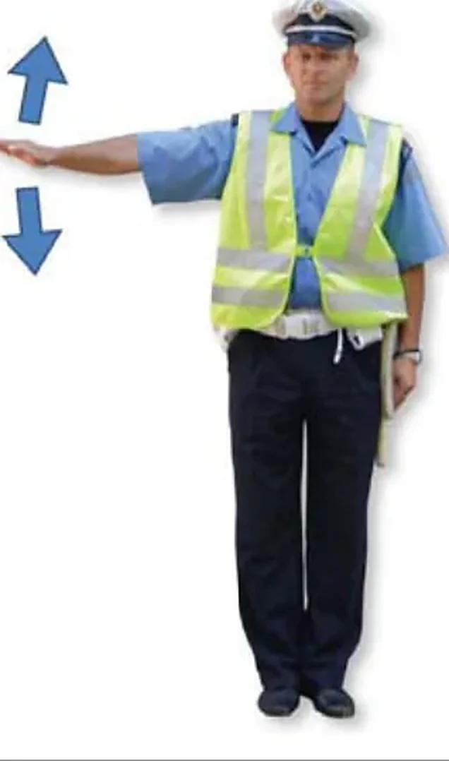 Znak policijskog službenika − lagano mahanje horizontalno odručenom rukom gore − dole, sa dlanom otvorene šake okrenutim na dole, prikazan na slici, označava da: